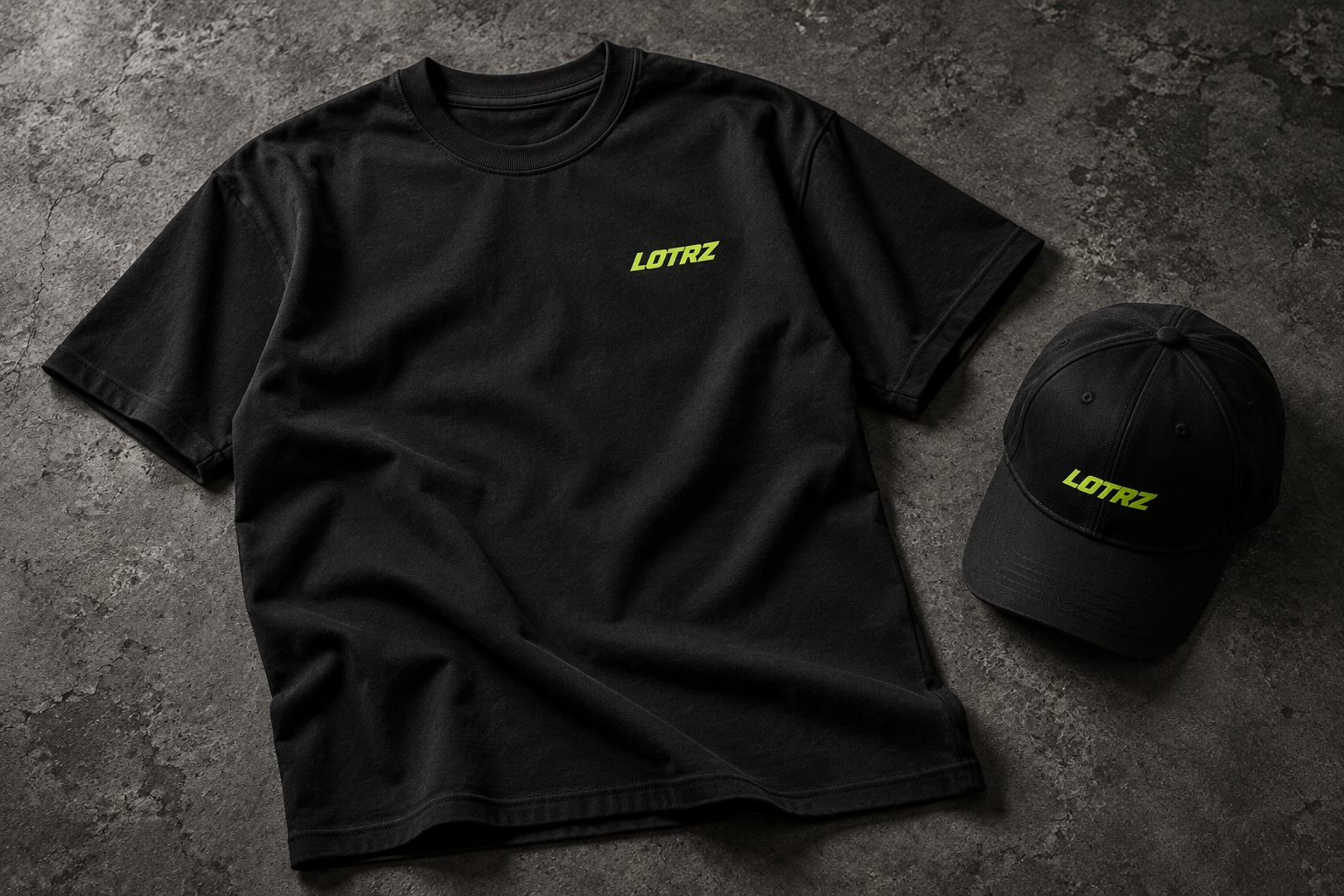 Lotrz concept black T-shirt and cap with lime wordmarks